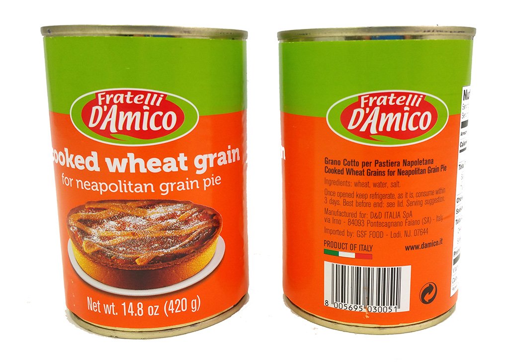 Fratelli D'Amico Grano Cotto can for Pastiera preparation, ready-to-use cooked wheat.