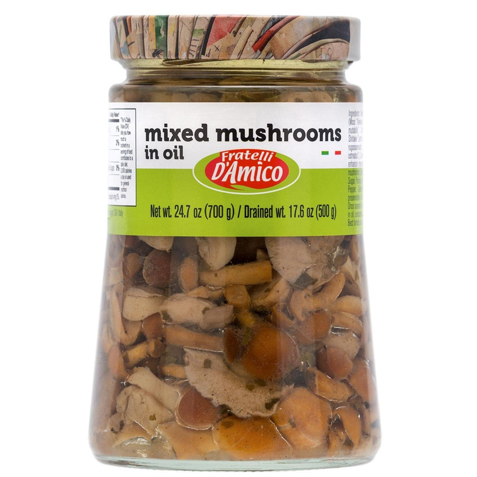 FRATELLI D'AMICO mixed mushrooms in oil jar for quick, flavorful starters.