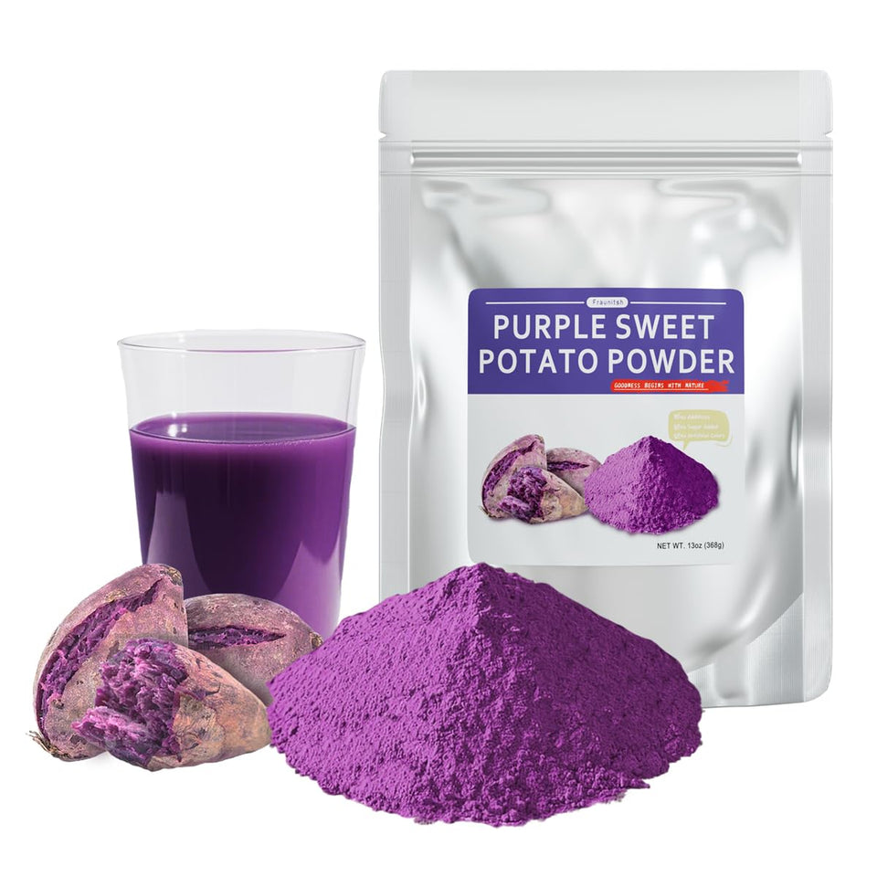 Fraunitsh purple sweet potato powder bottle pour for precise dosing and vivid color.