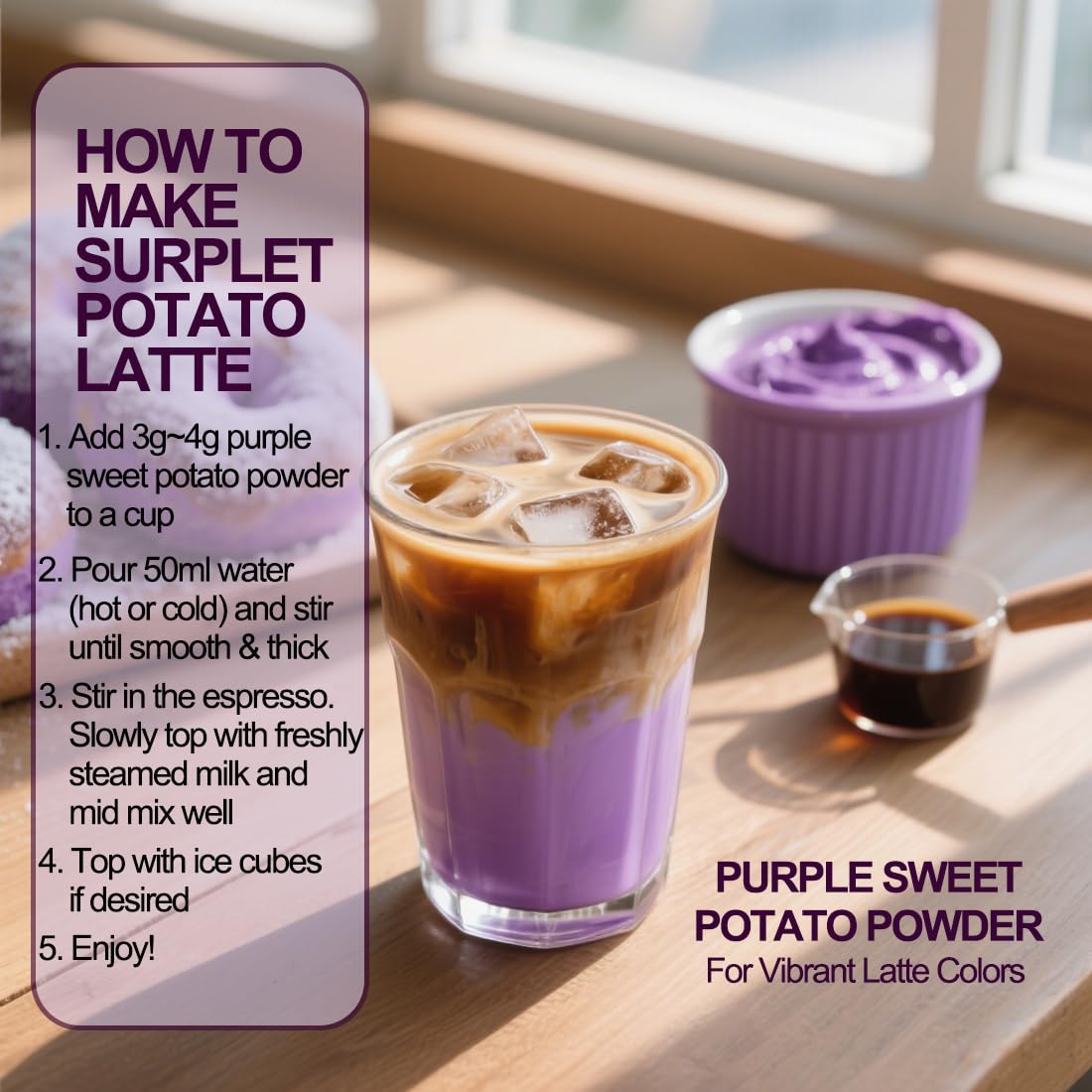 Fraunitsh purple sweet potato powder measuring scoop highlights easy portion control.