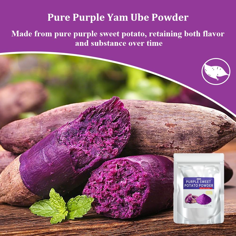Fraunitsh purple sweet potato powder close-up reveals fine texture and natural hue.