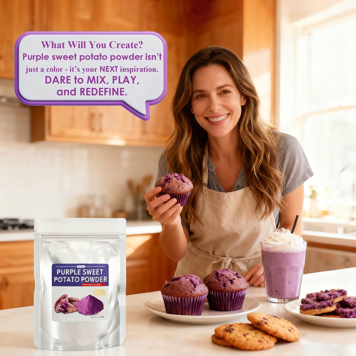 Fraunitsh purple sweet potato powder resealable pouch keeps powder fresh.