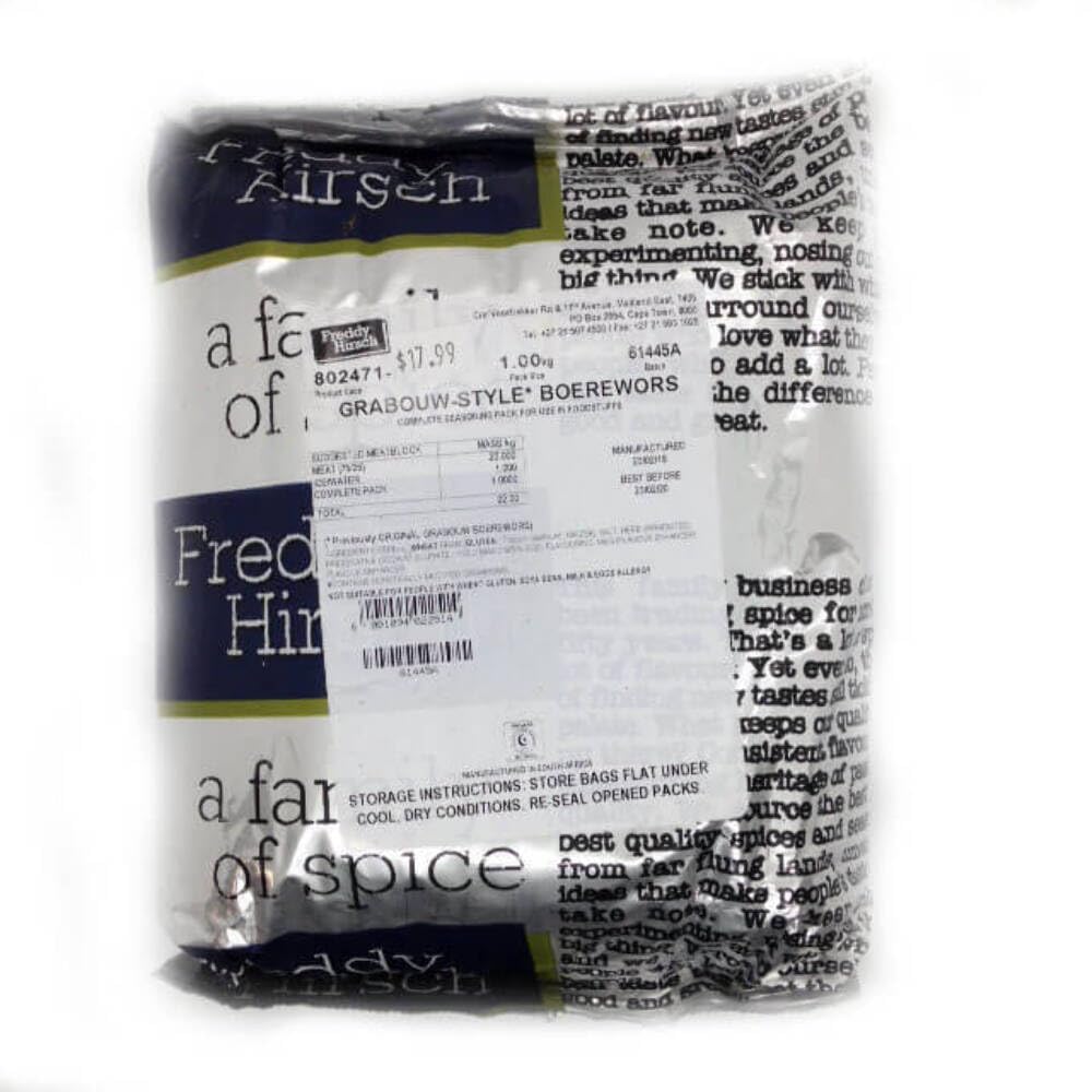 Freddy Hirsch Boerewors Spice Grabouw 1kg packet for authentic home sausage making