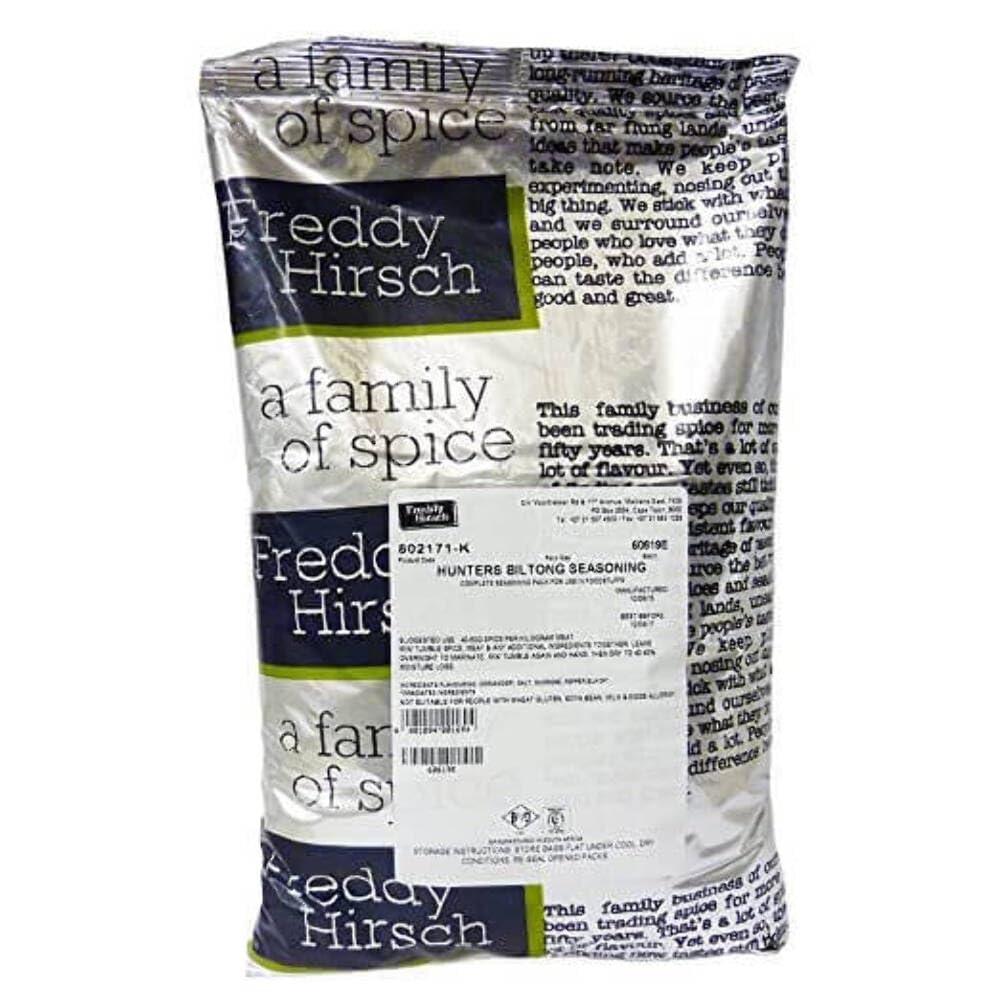 Freddy Hirsch Hunters Biltong Seasoning bottle enhances beef and game flavor for biltong and roasts.