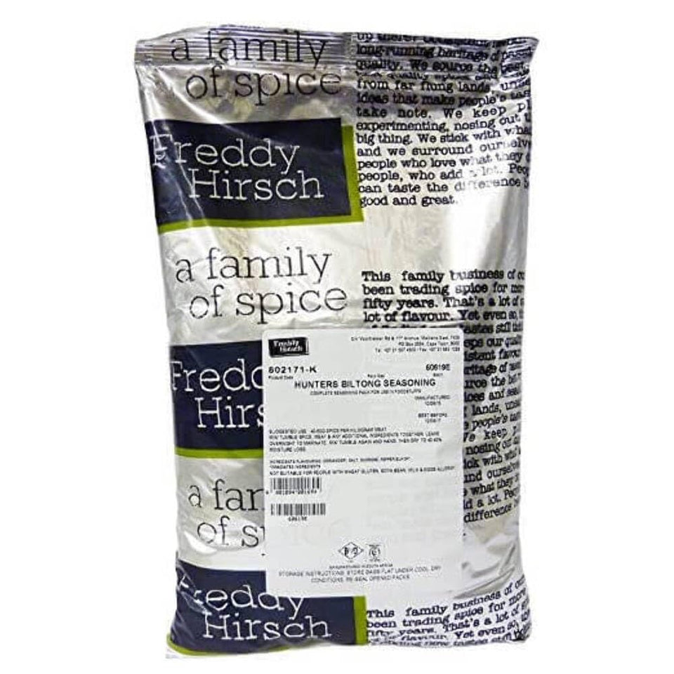 Freddy Hirsch Hunters Biltong Seasoning bottle enhances beef and game flavor for biltong and roasts.
