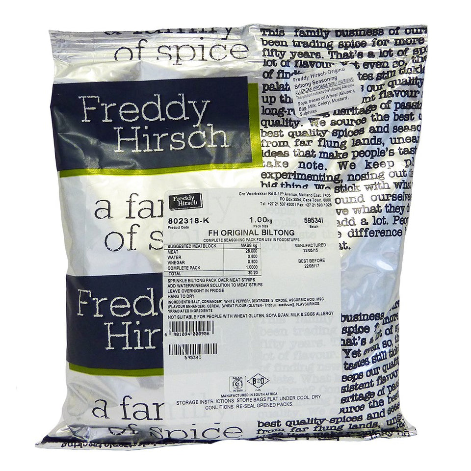 Freddy Hirsch Original Biltong Spice pack for authentic home curing and premium beef jerky flavor.