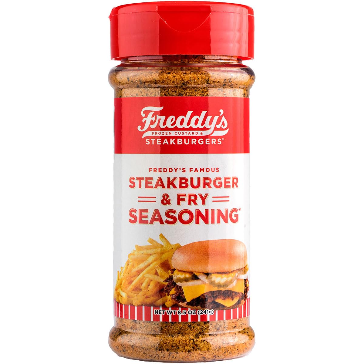 Freddy's Sreakhouse steakburger seasoning jar on kitchen counter for beef flavor.
