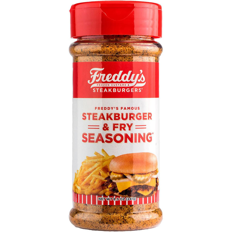 Freddy's Sreakhouse steakburger seasoning jar on kitchen counter for beef flavor.