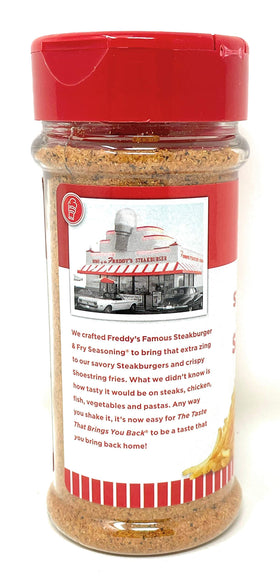 Freddy's Steakburger & Fry Seasoning bottle-over-dish demonstrates quick meal versatility.
