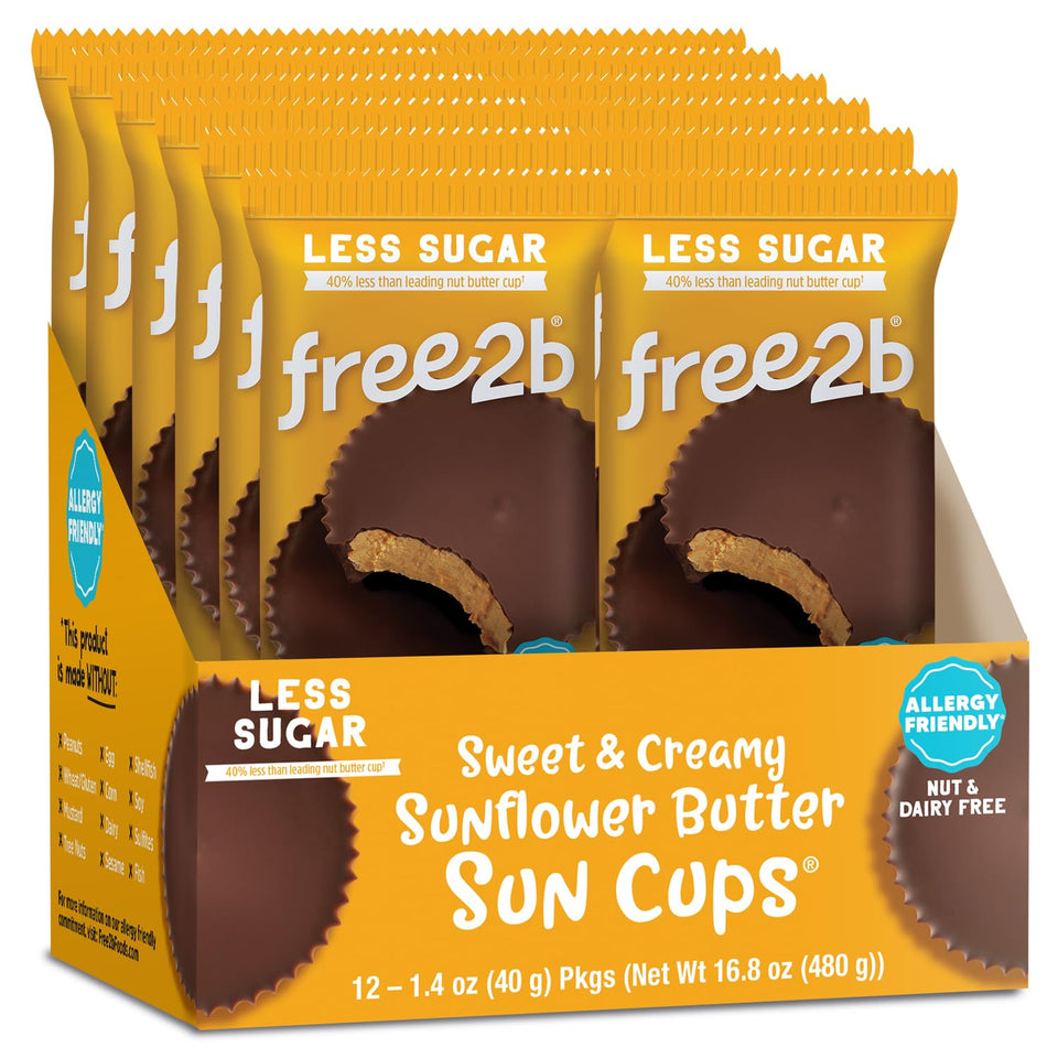 Free 2b Chocolate Sun Cups pack of 12 on display, allergen-friendly snack.