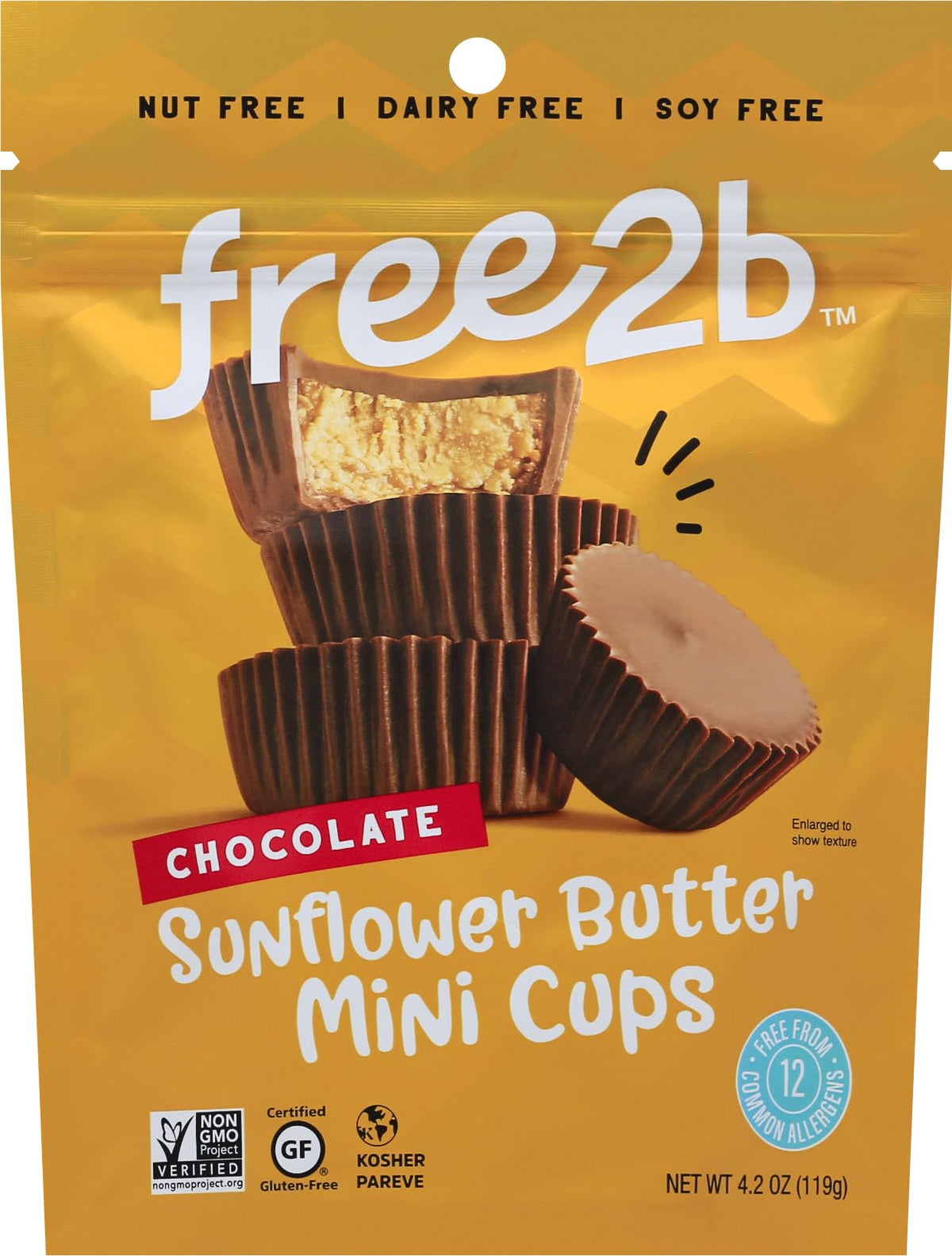Free 2b Rice Chocolate Sun Cups Minis in a resealable pack, dairy-free and allergy-friendly.