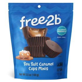 Free 2b Sea Salt Caramel Mini Cups pack in a resealable bag for fresh, convenient snacking.
