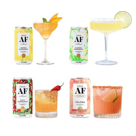 Free AF Margarita Variety Pack can pouring into glass, ready-to-drink convenience for gatherings.