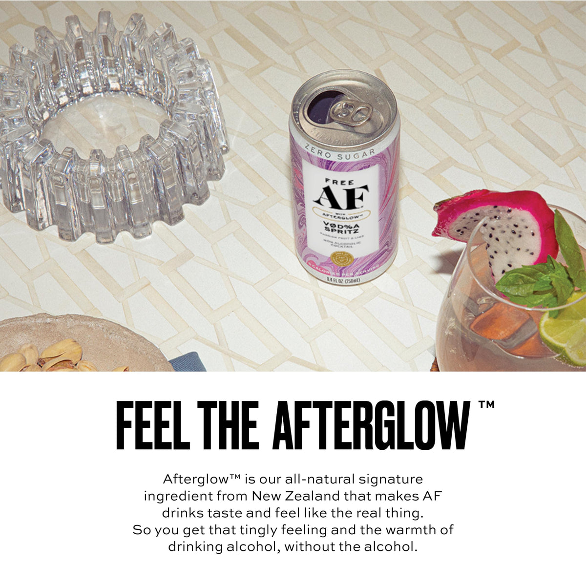 Free AF ingredients with botanicals suggest natural flavor and warmth