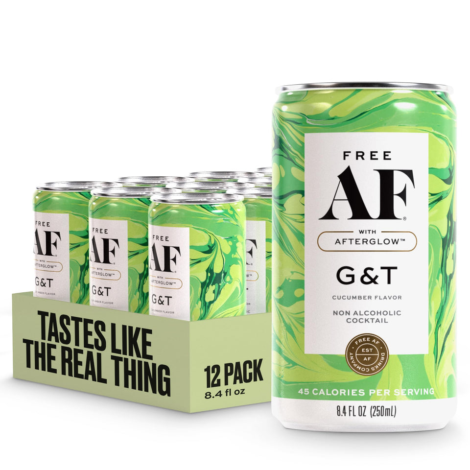 Free AF Cucumber G&T can garnished with cucumber for a refreshing alcohol-free moment.