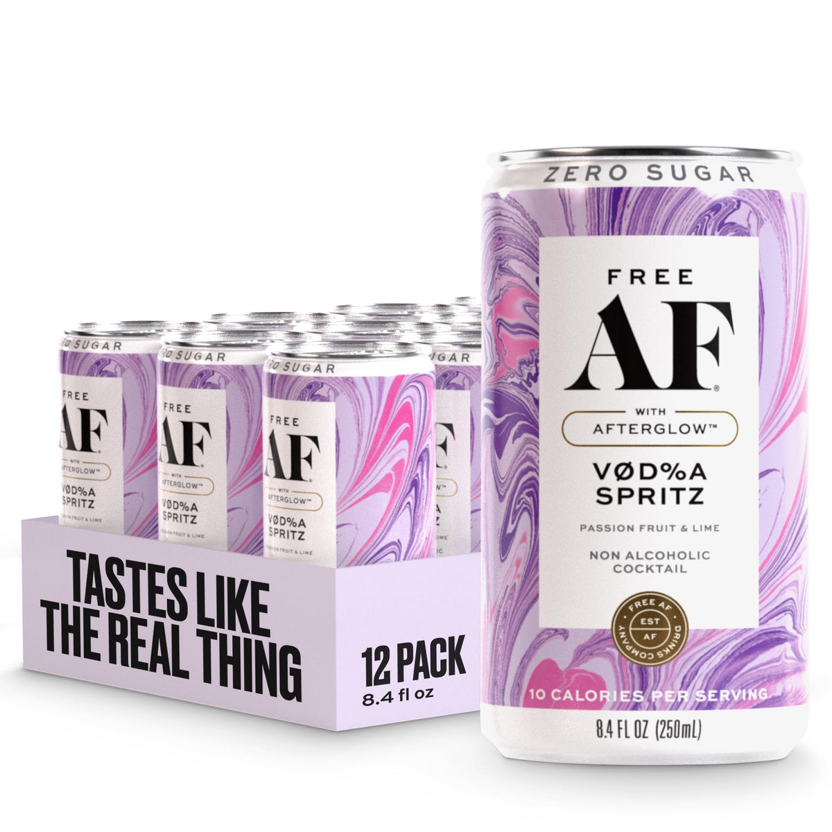 Free AF VØD%A Spritz can being poured, zero-alcohol option with lively bubbles.