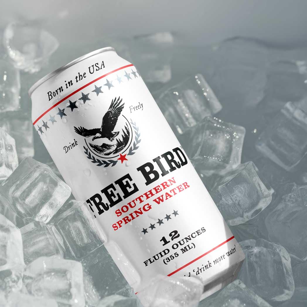 Free Bird Southern Still Water 12-pack display—crisp, clean hydration ready at home or work.