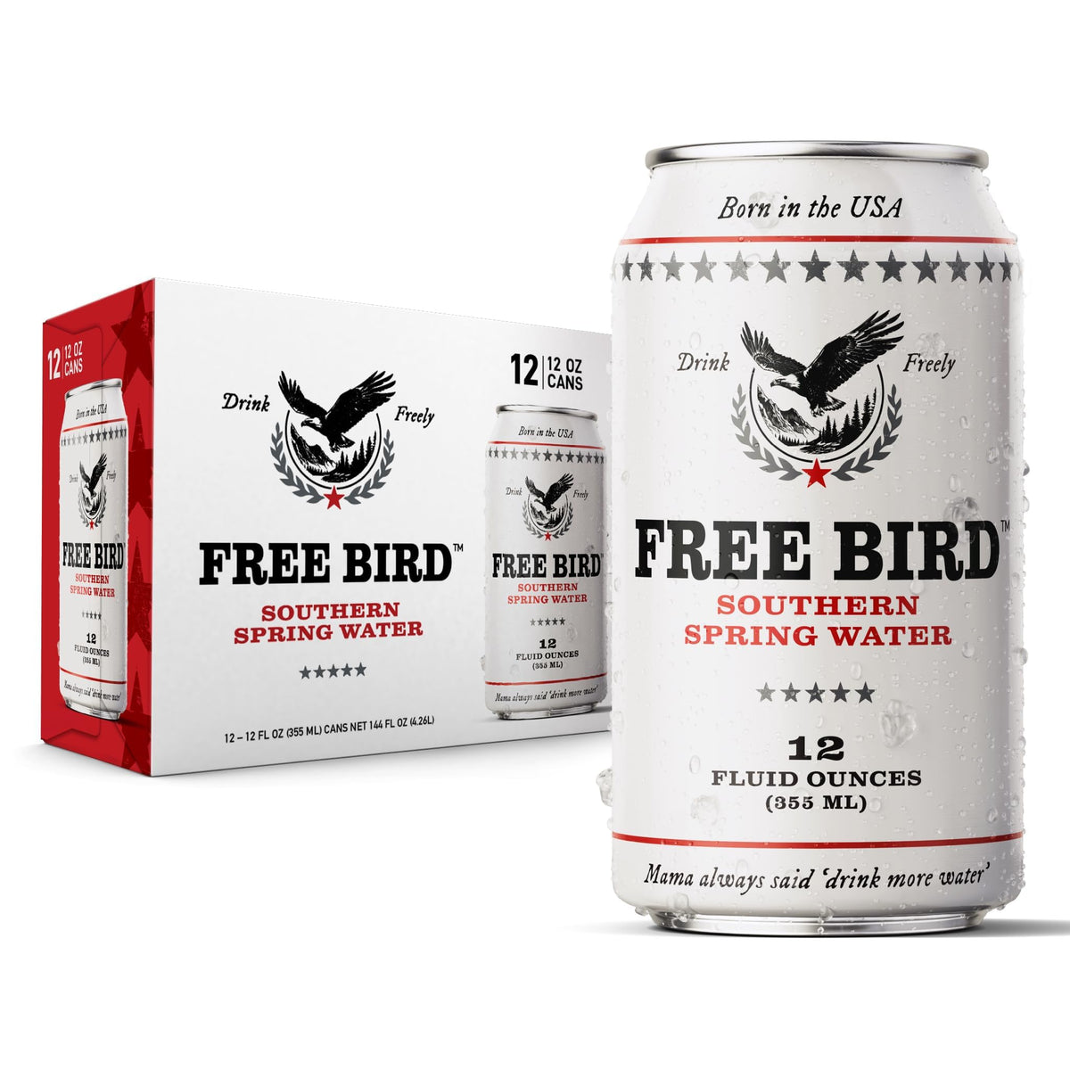 Free Bird Southern Still Water can—crisp hydration from the mountains.