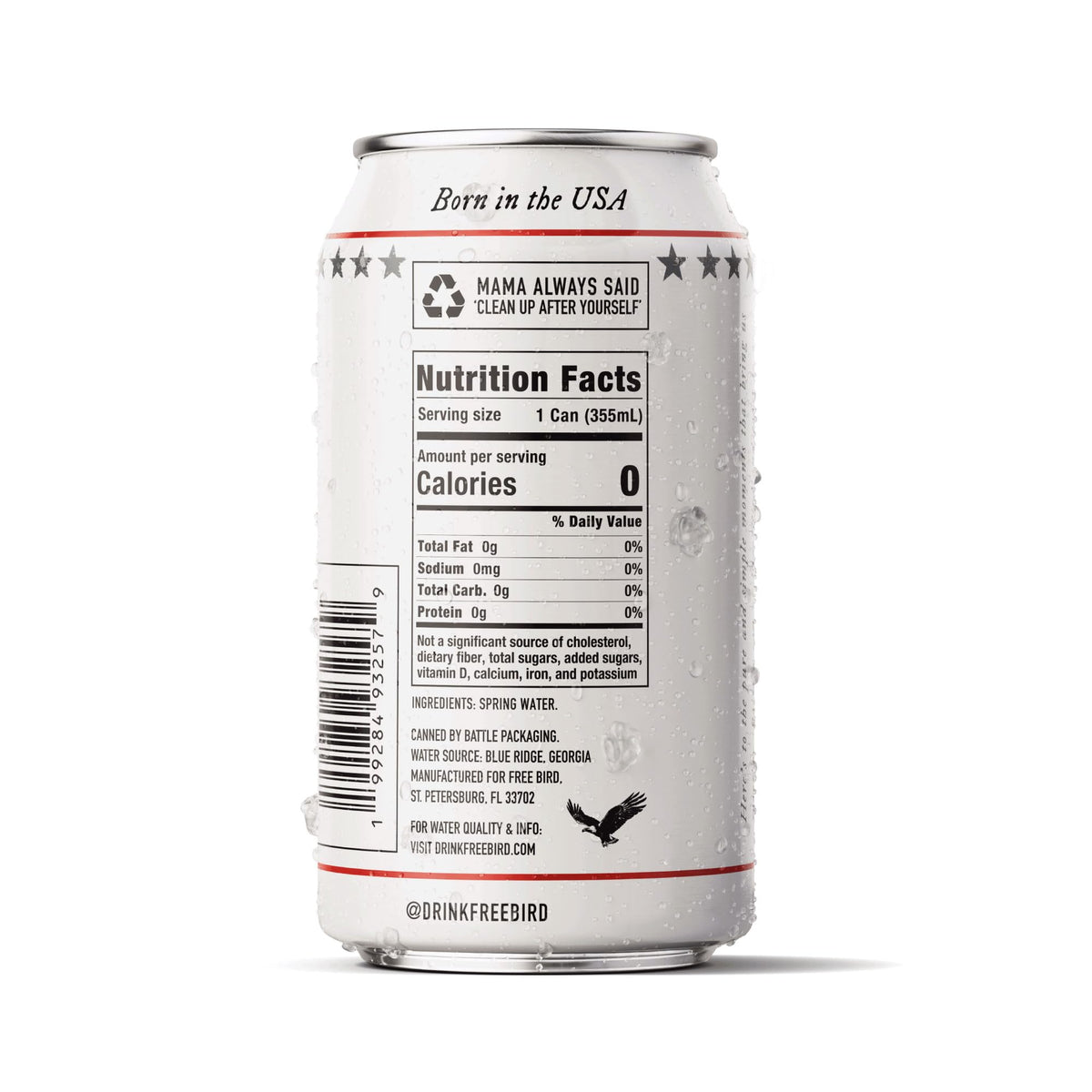 Free Bird 12-pack display can—shelf-stable convenience for on-the-go hydration.