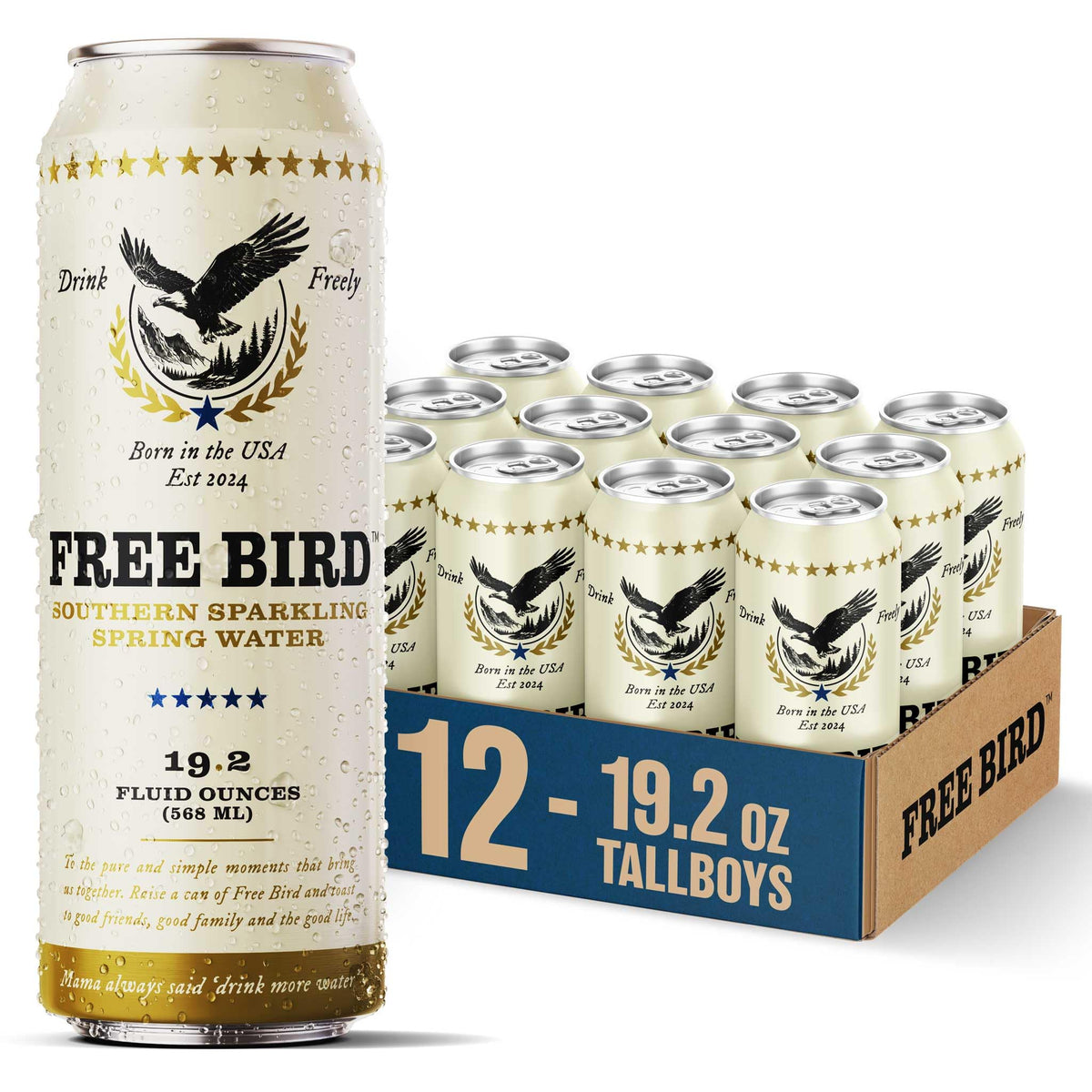 Free Bird Sparkling Southern Spring Water tallboy can poured outdoors for refreshing hydration