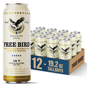 Free Bird Sparkling Southern Spring Water tallboy can poured outdoors for refreshing hydration