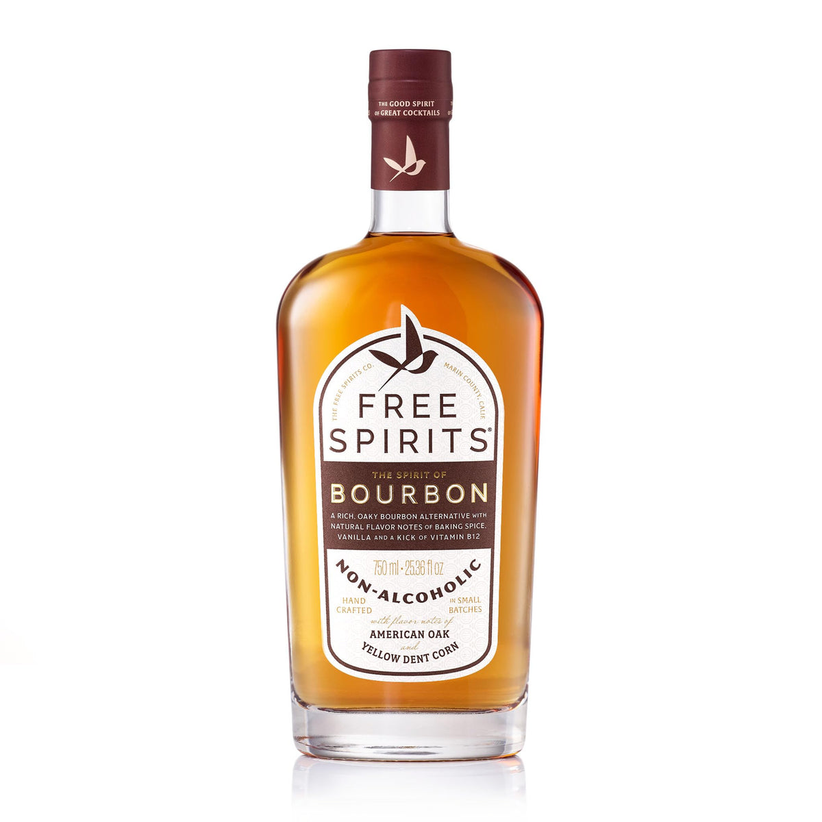 The Free Spirits non-alcoholic bourbon bottle for zero-proof cocktails with rich flavor.