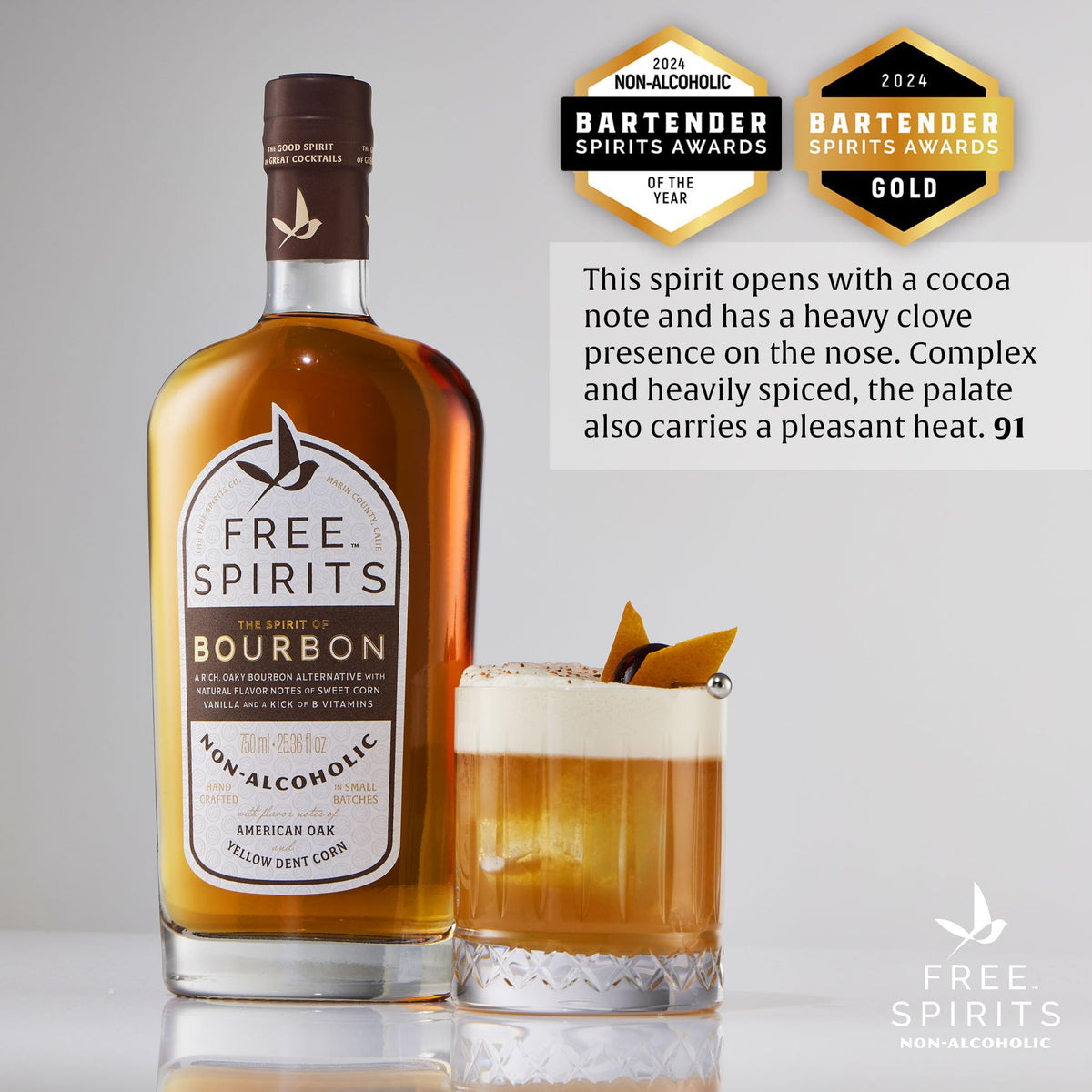 Free Spirits non-alcoholic bourbon spirit label closeup shows natural ingredients and care.
