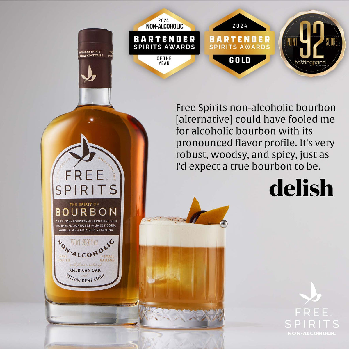 Free Spirits non-alcoholic bourbon bottle on shelf signals award-winning quality.