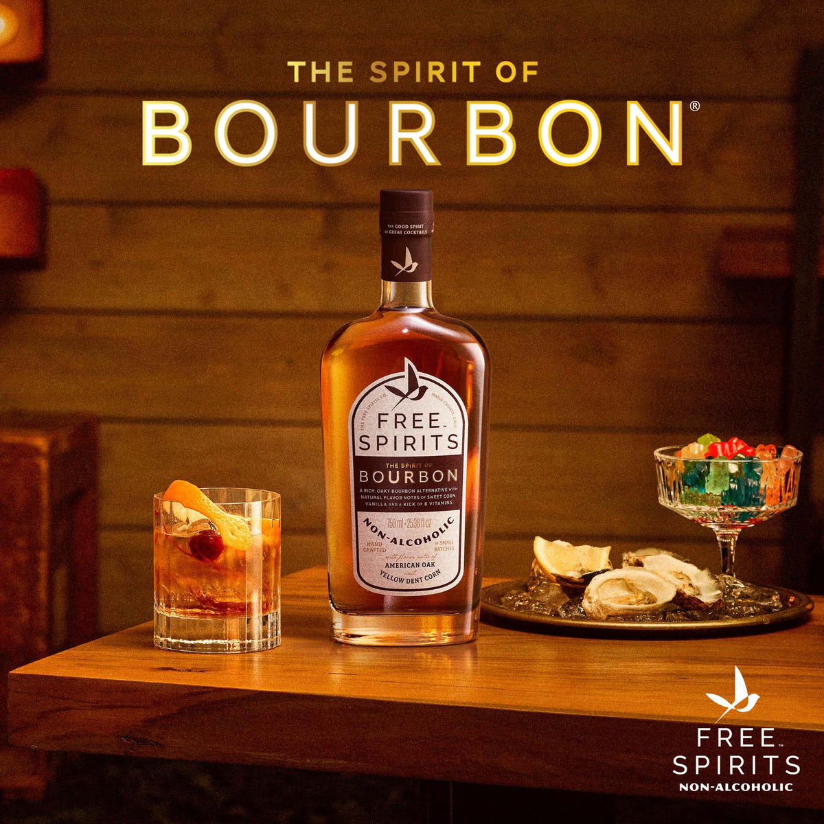 Free Spirits non-alcoholic bourbon spirit pour enabling precise strength control in cocktails.