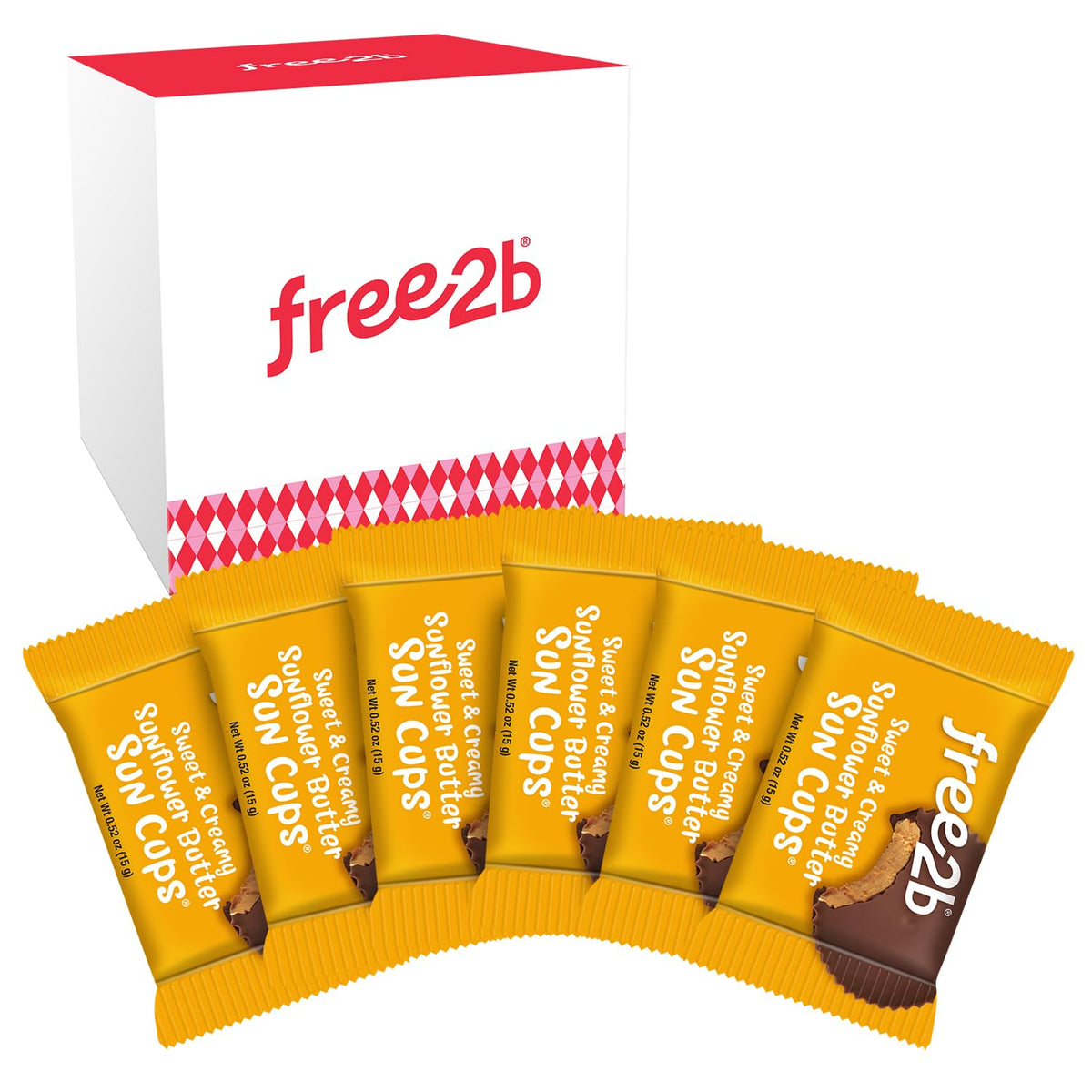 Free2b Sunflower Butter Sun Cups on a festive pack, allergy-friendly snack option.