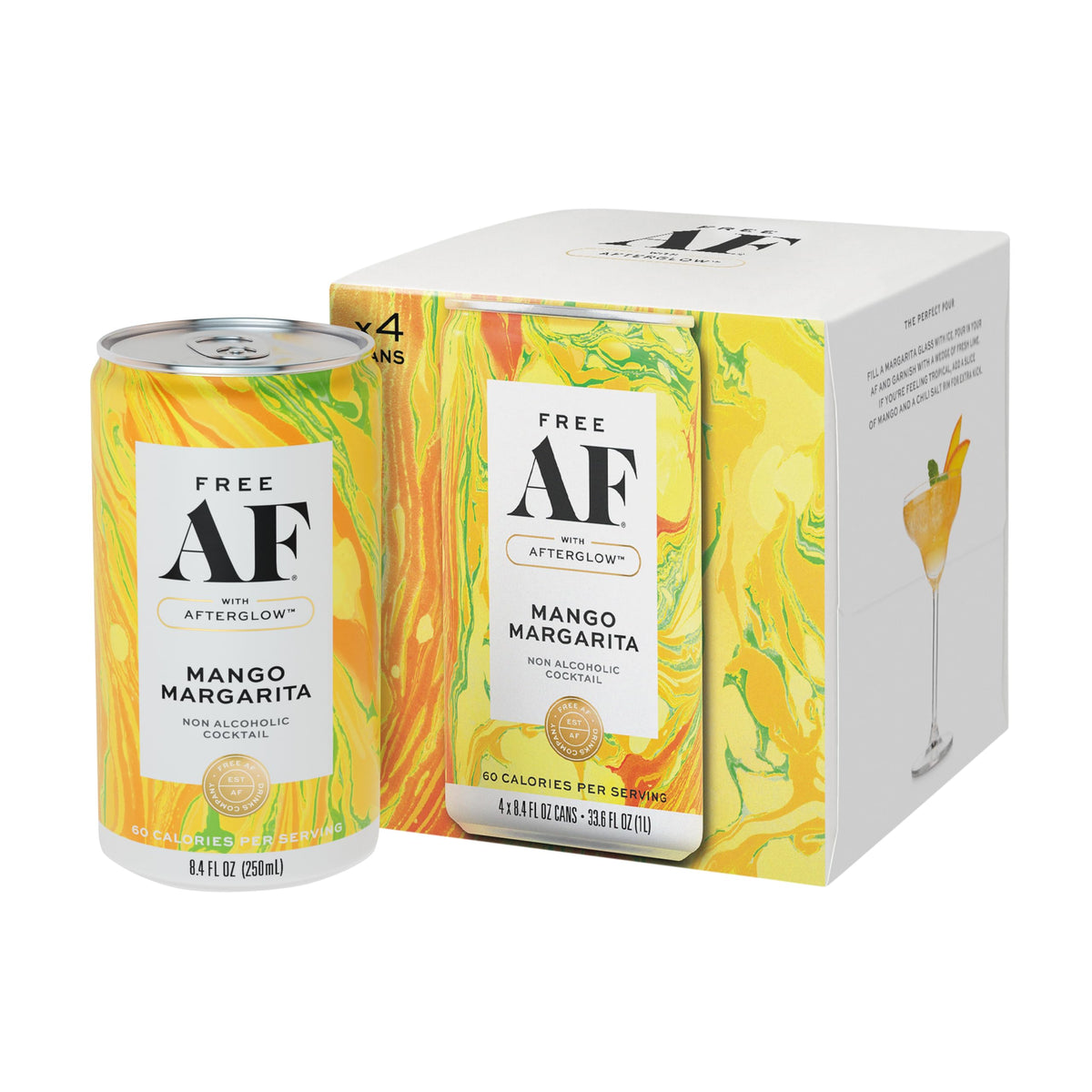 Free AF Mango Margarita can close-up with vibrant mango flavor and refreshing fizz for an alcohol-free moment.
