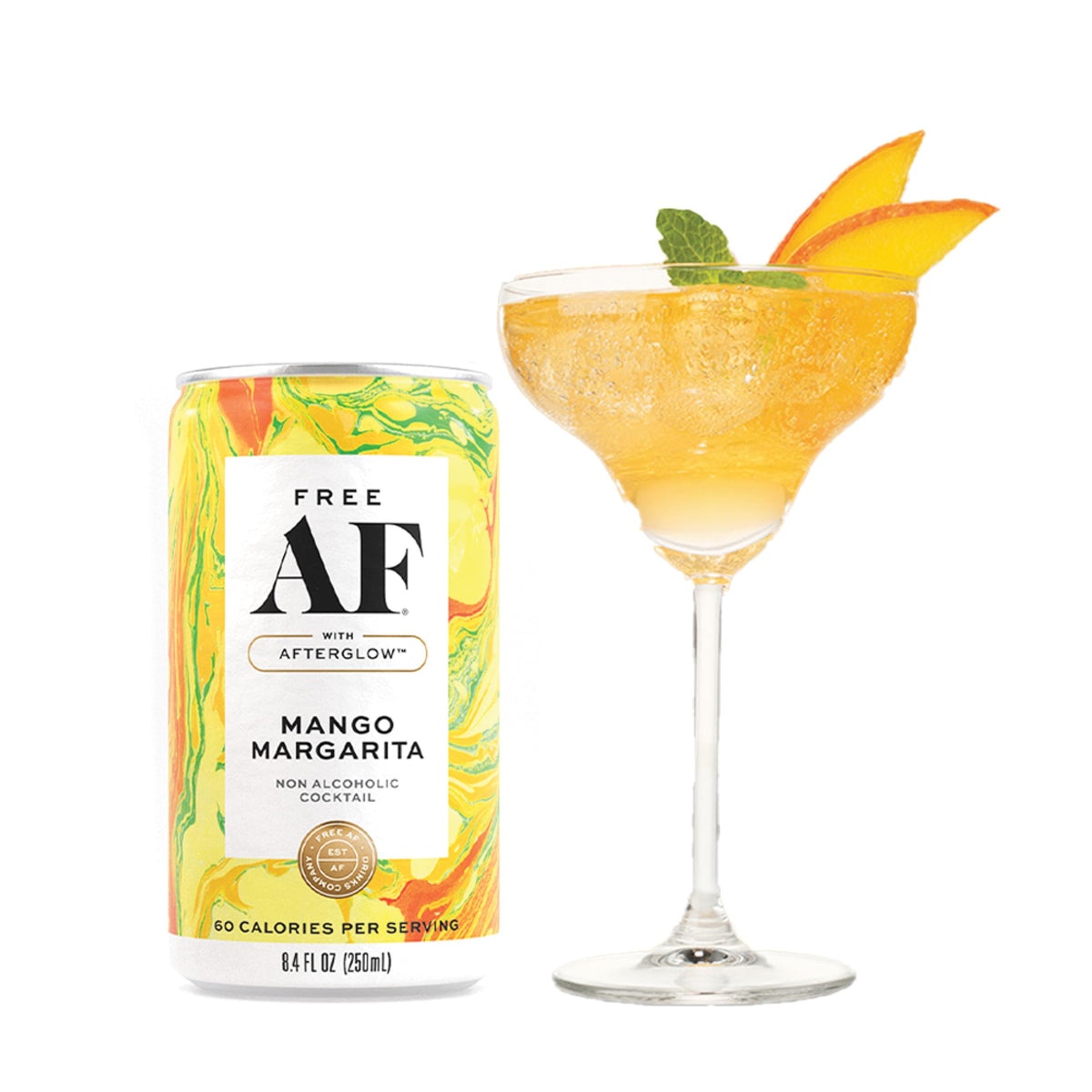 Free AF Mango Margarita glass with lime garnish invites easy social sipping.