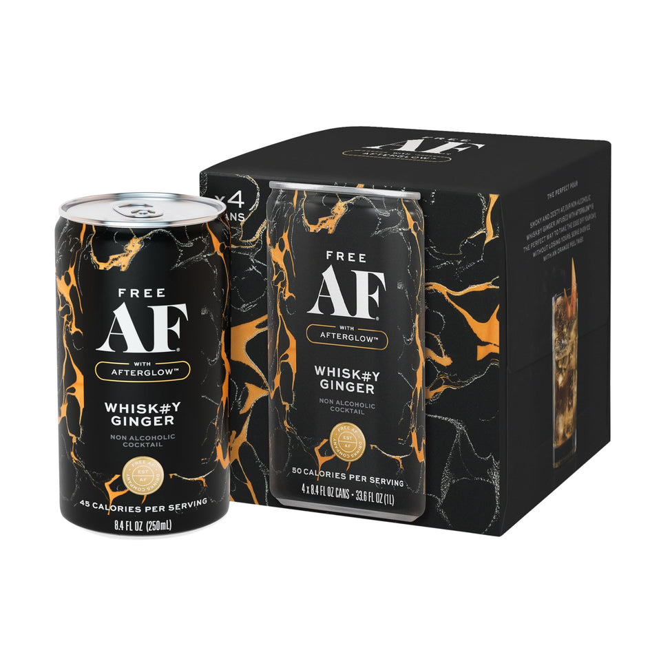 Free AF Whiskey Ginger can on a table highlighting gluten-free, low-calorie refreshment.