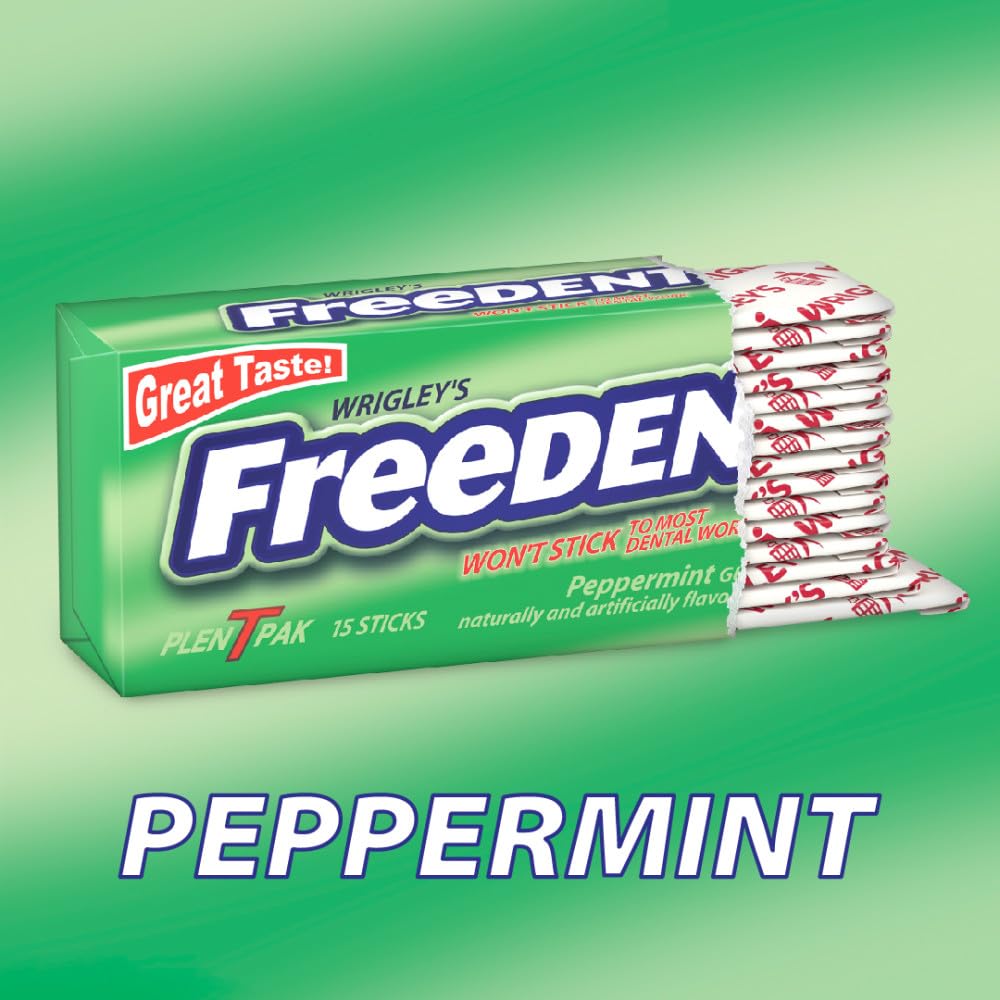 Close-up of Freedent gum pieces with cool peppermint flavor.