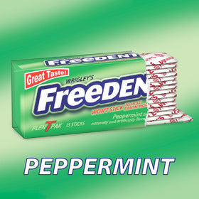 Close-up of Freedent gum pieces with cool peppermint flavor.