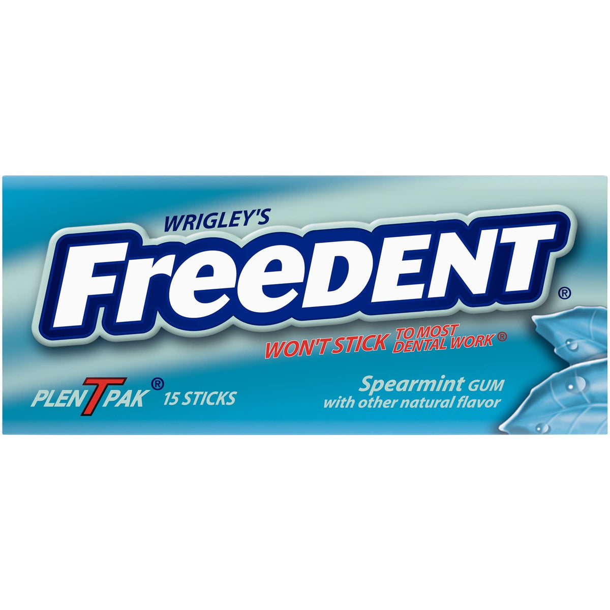 Freedent Spearmint gum with 15 sticks per pack for on-the-go minting.