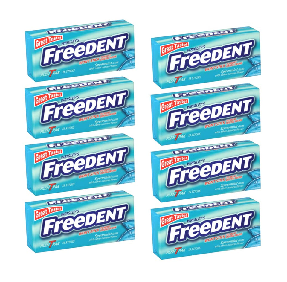 Freedent Spearmint gum pack of eight ready for quick fresh breath.