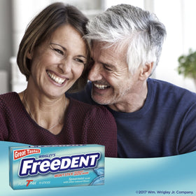 Freedent Spearmint gum packaging label highlighting flavor and pack size.
