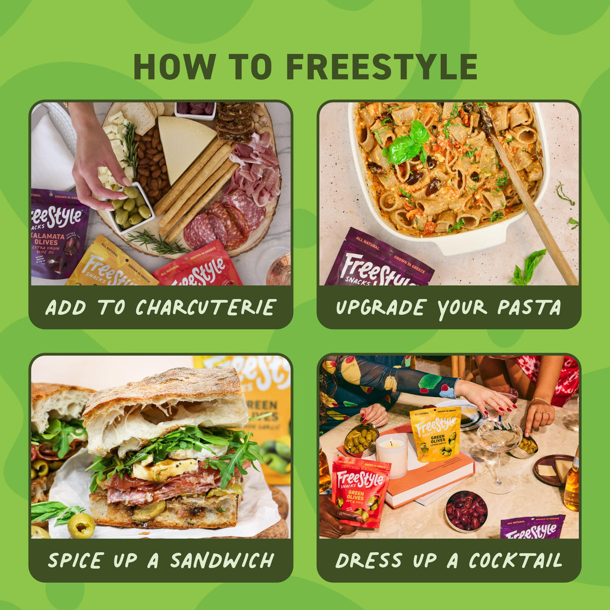 Freestyle Snacks Greek olive flavor highlighting fresh briny zest from Greece