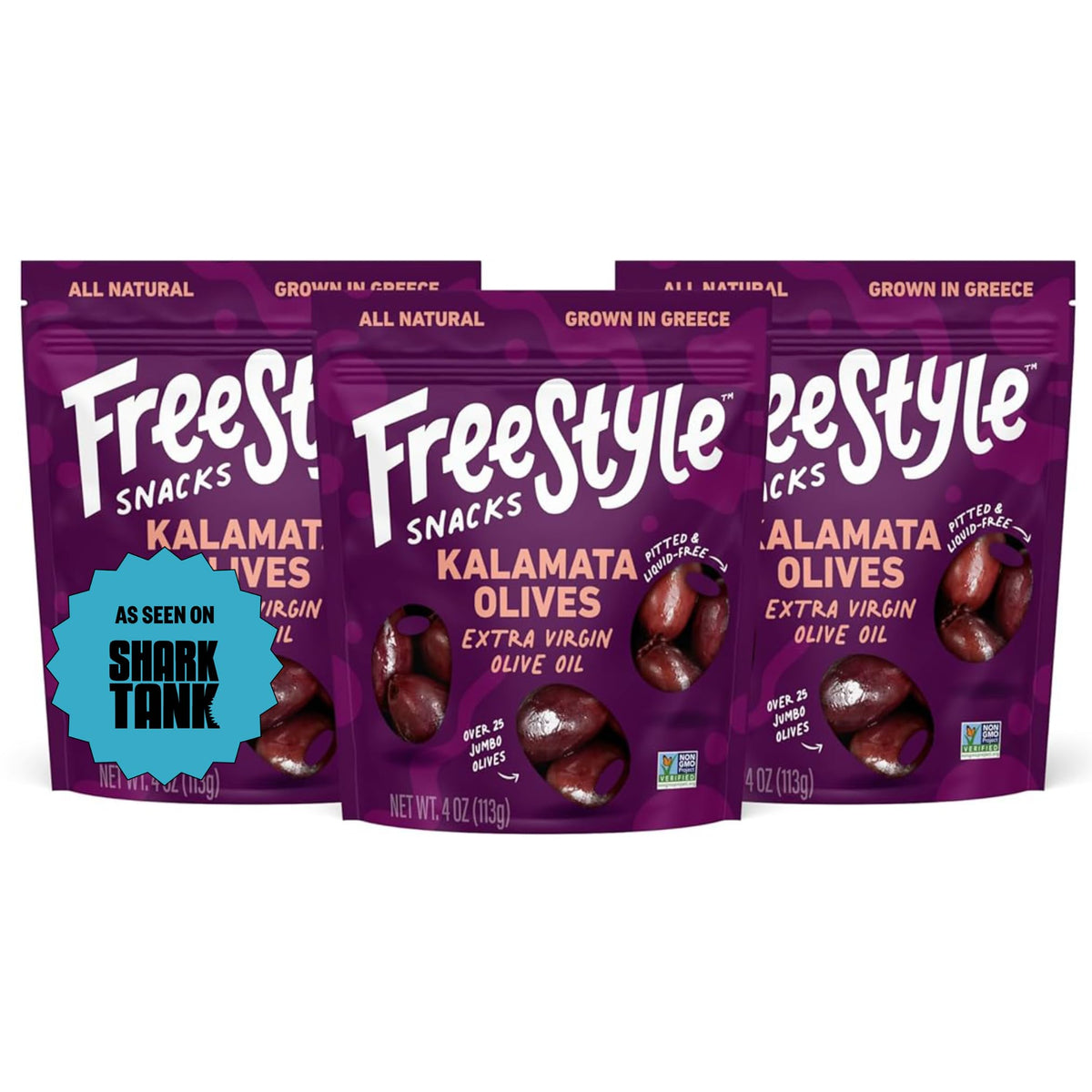 Freestyle Snacks Kalamata olives in EVOO pack, portable and mess-free for on-the-go snacking.