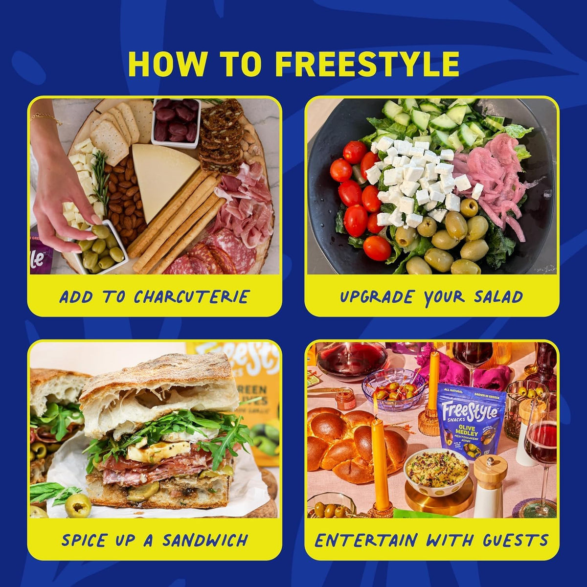 Freestyle Snacks Mediterranean herb medley pack, featuring olives and aromatic herbs.