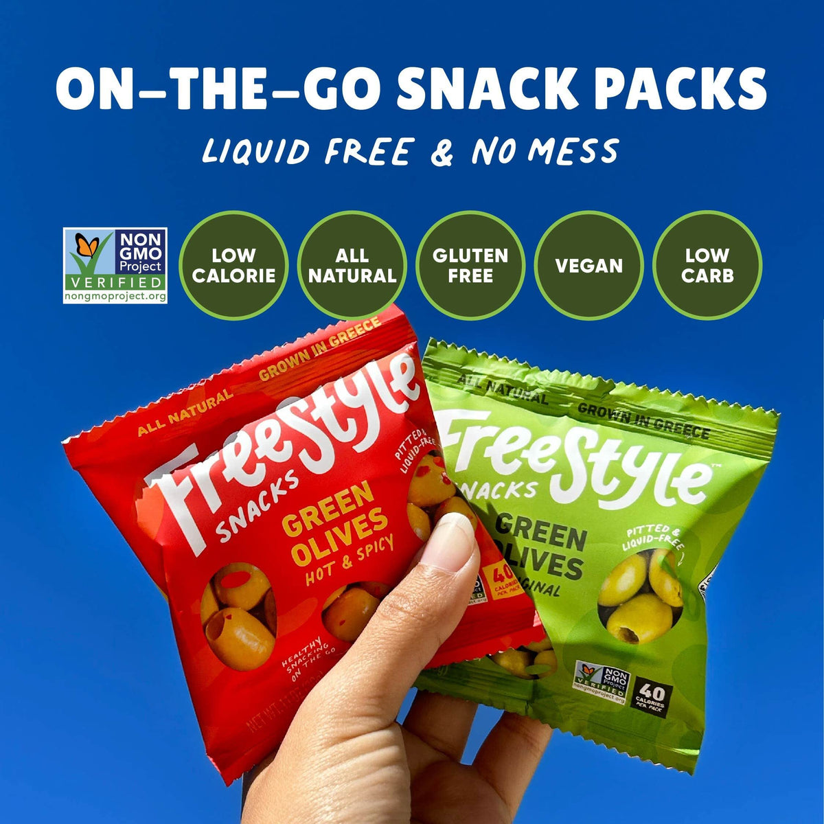 Freestyle Snacks olive pack front view showing compact single-serve design