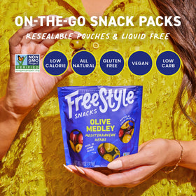Freestyle Snacks olive pack in-store display, inviting choice