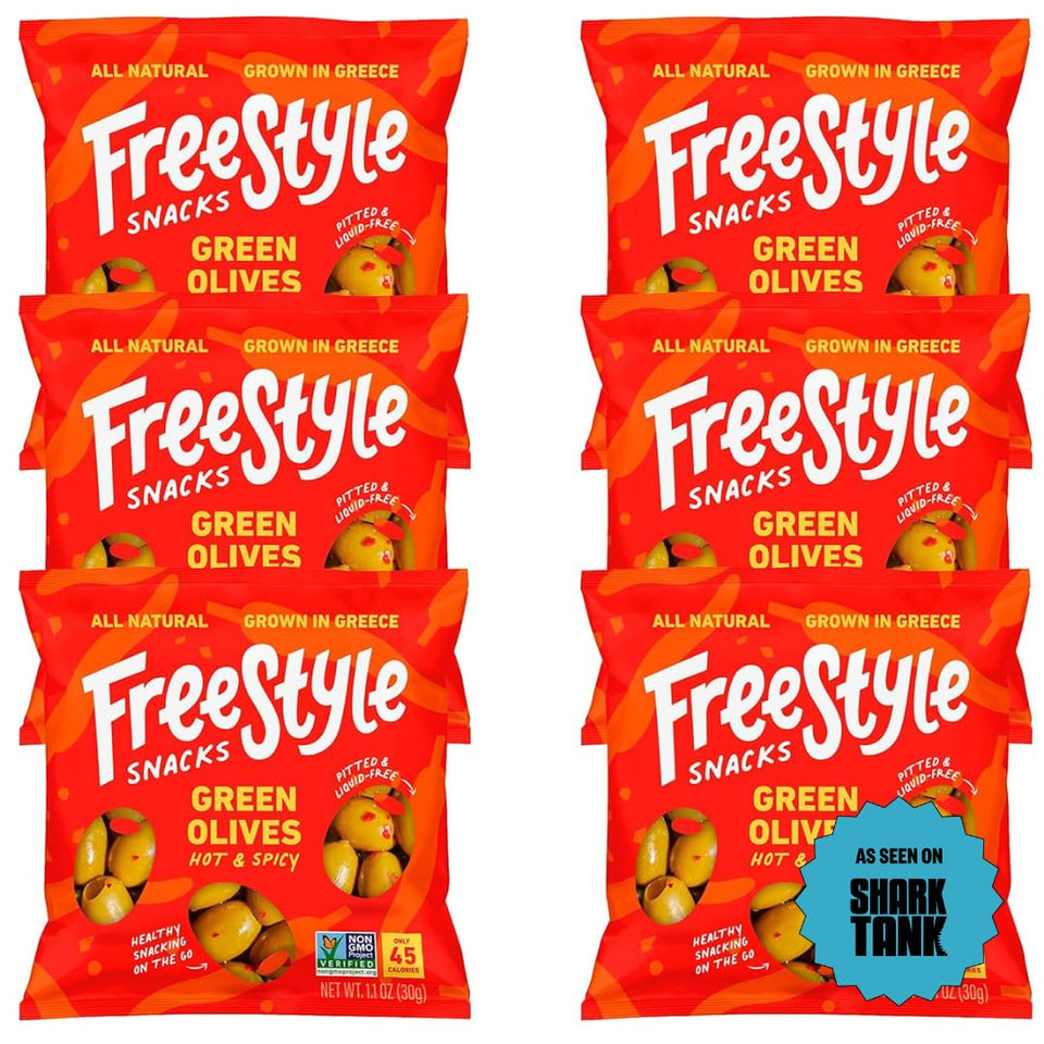 Freestyle Snacks olive pack in a single-serve pouch for mess-free on-the-go snacking