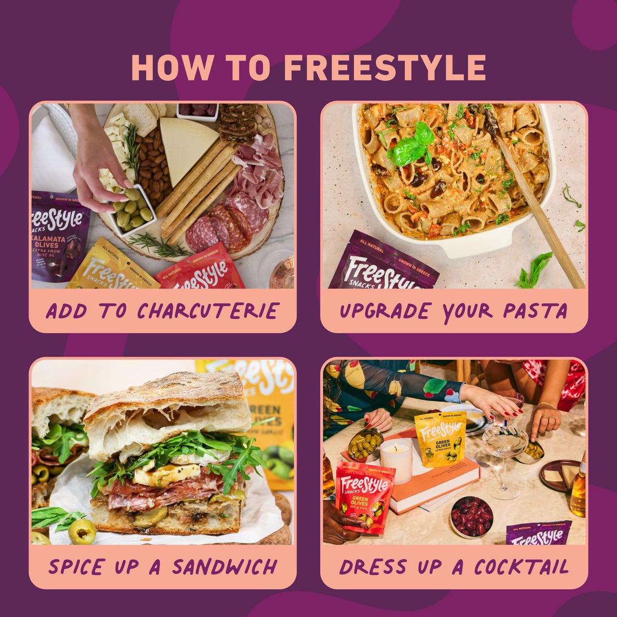 Freestyle Snacks olive packs on salad-ready topping for flavorful crunch.