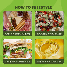 Freestyle Snacks olive pouch opened to reveal marinated olives