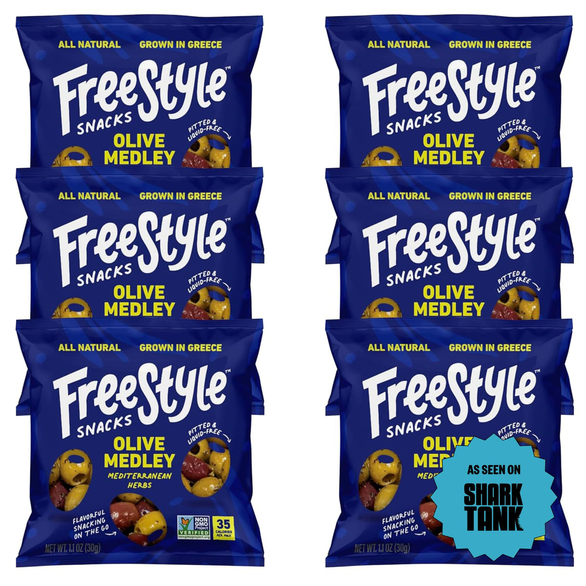 Freestyle Snacks olive snack pack front view, mess-free on-the-go option.