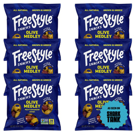Freestyle Snacks olive snack pack front view, mess-free on-the-go option.