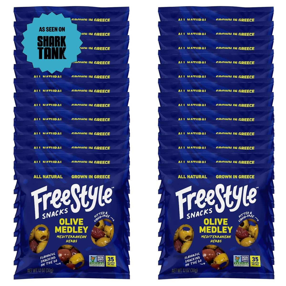 Freestyle Snacks olive snack pack with green olives, ideal for a quick on-the-go healthy bite.