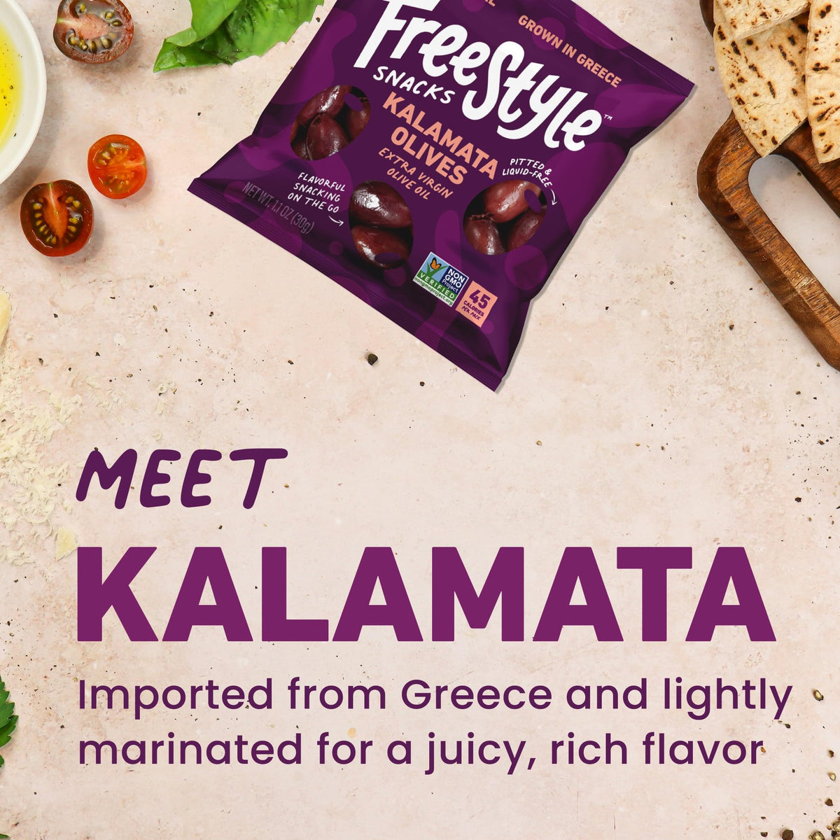 Freestyle Snacks hot and spicy olives in a convenient pouch for bold flavor on demand.
